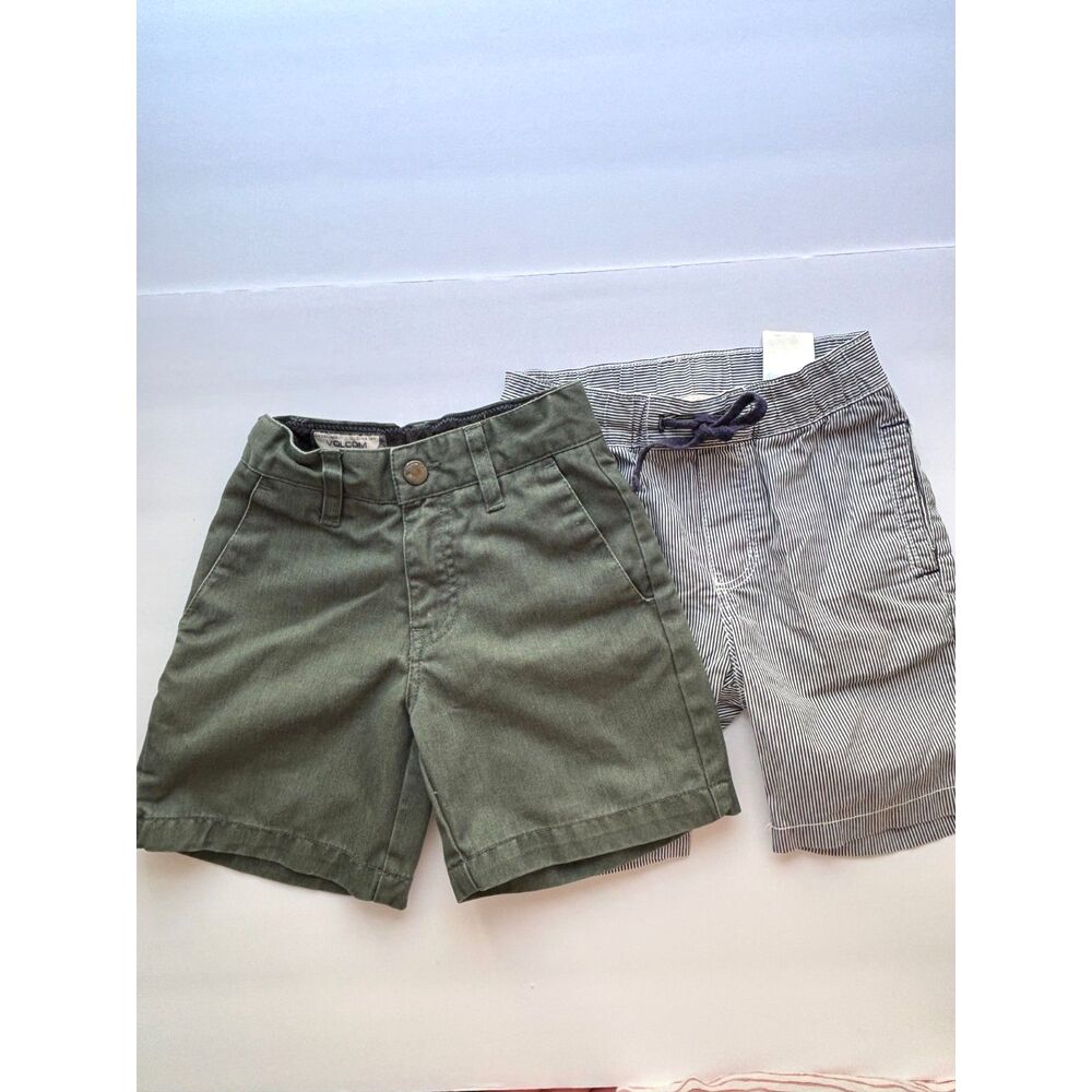 Set of Volcom and H&M Boys Shorts Size 2T - Khaki Green and Navy Stripes